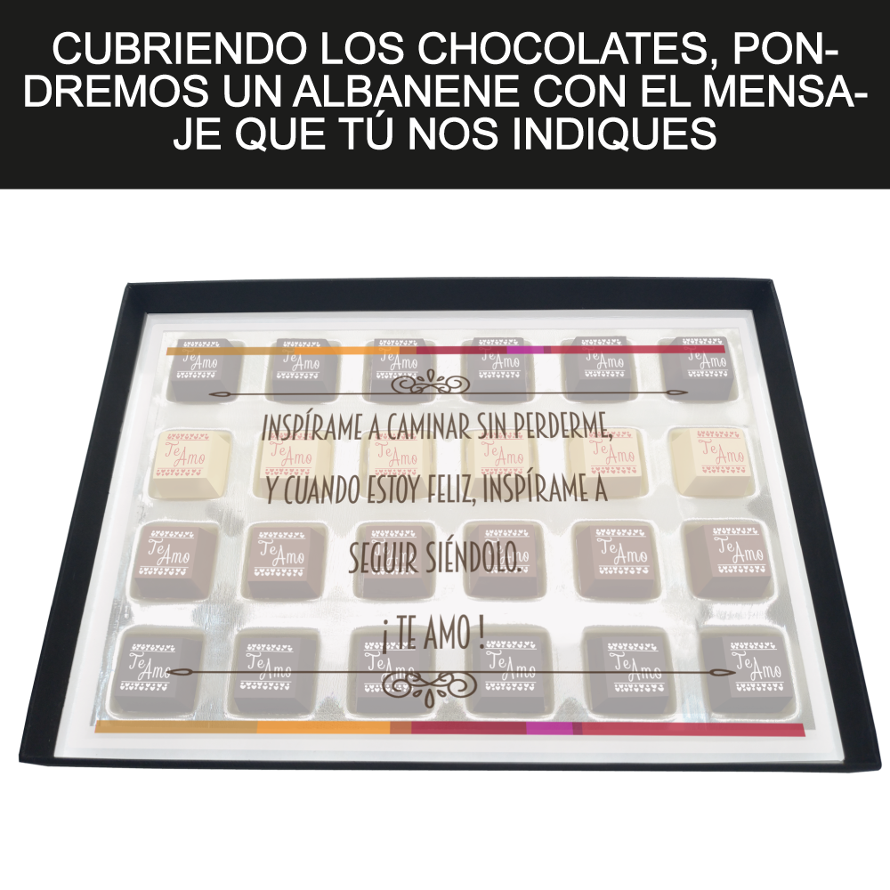 Caja Rígida Londres 24 Chocolates diseño: "Te Amo-Naranja" (Sólo la enviamos a la CdMx)