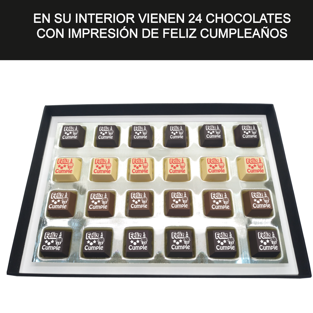 Caja Rígida Londres 24 Chocolates diseño: "Feliz Cumple" (Sólo la enviamos a la CdMx)