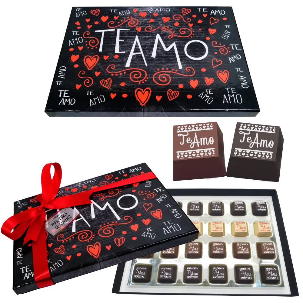 Caja Rígida Londres 24 Chocolates diseño: "Te Amo-Naranja" (Sólo la enviamos a la CdMx)