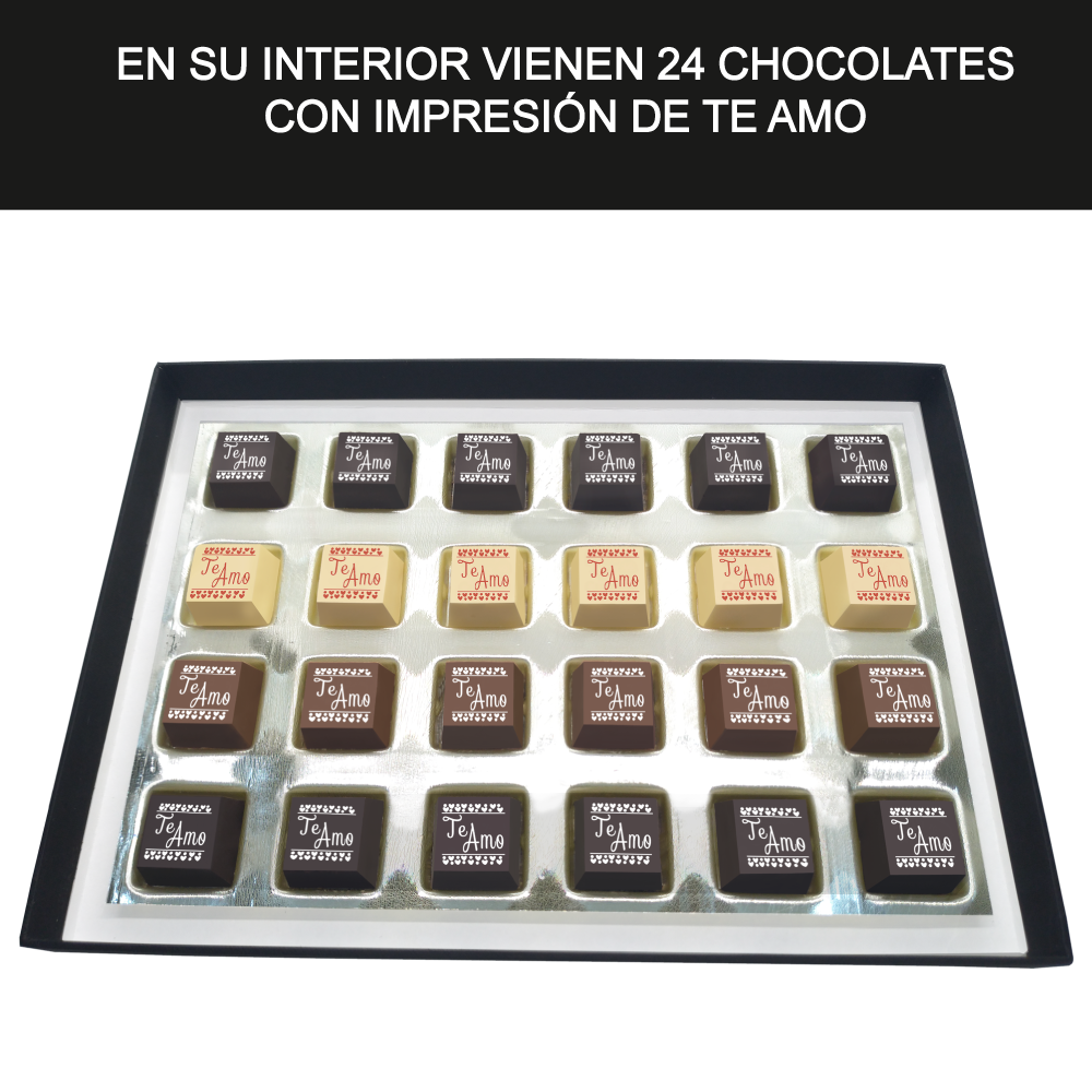 Caja Rígida Londres 24 Chocolates diseño: "Te Amo-Naranja" (Sólo la enviamos a la CdMx)