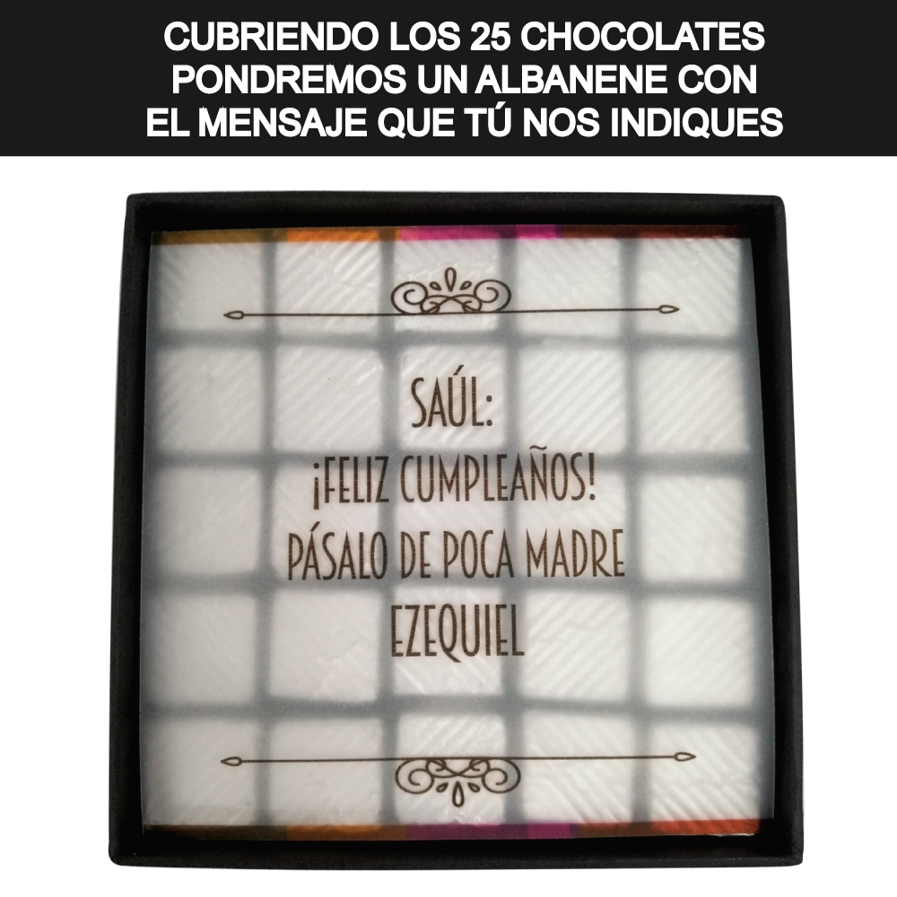 Caja Rígida 25 Chocolates, Puebla diseño: "Feliz Cumpleaños"
