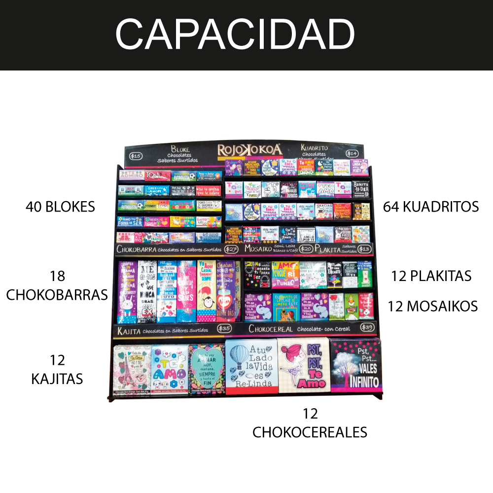 Exhibidor Gde Aguamarina para: 64 Kuadritos, 40 Blokes, 12 Plakitas, 12 Mosaikos,18 Chokobarras, 12 Kajitas, 12 Chokocereales.