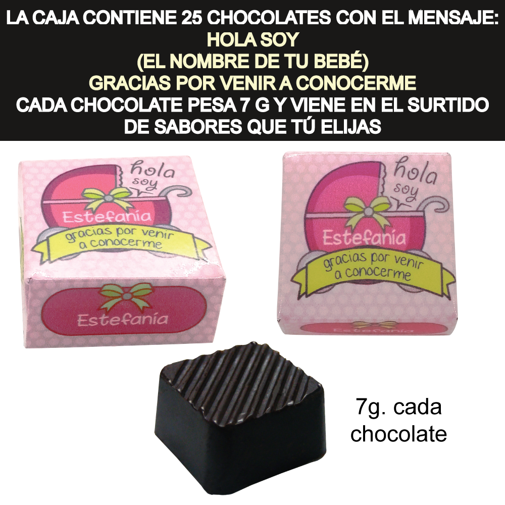 Caja Rígida con 25 Chocolates "Gracias por Venir a Conocerme". Diseño: Carriolita Rosa