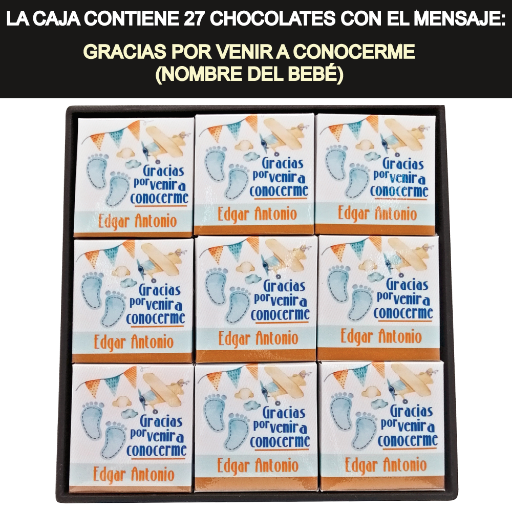 Caja Rígida con 27 Chocolates "Gracias por Venir a Conocerme". Diseño: Piecitos Azules