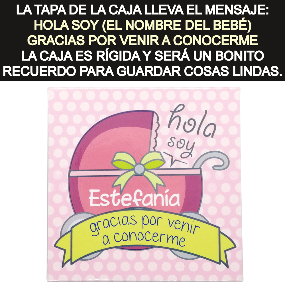 Caja Rígida con 25 Chocolates "Gracias por Venir a Conocerme". Diseño: Carriolita Rosa