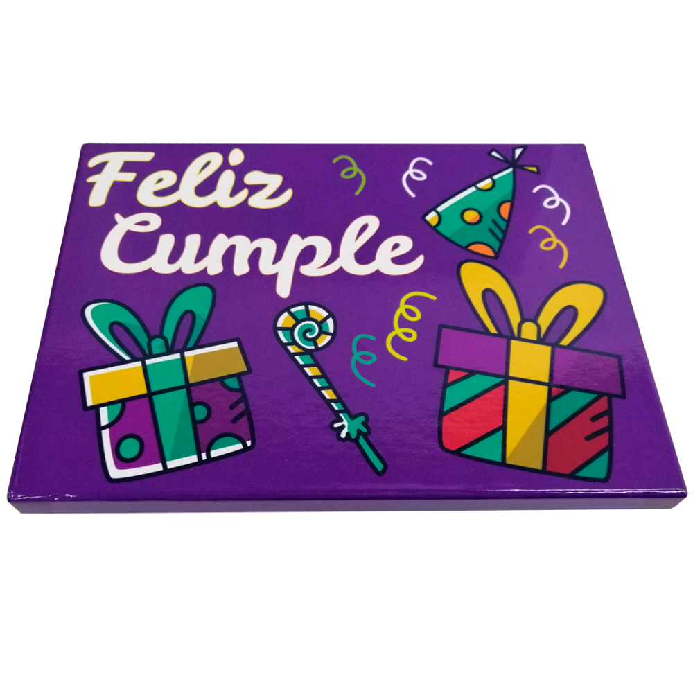 Caja Rígida Londres 24 Chocolates diseño: "Feliz Cumple" (Sólo la enviamos a la CdMx)