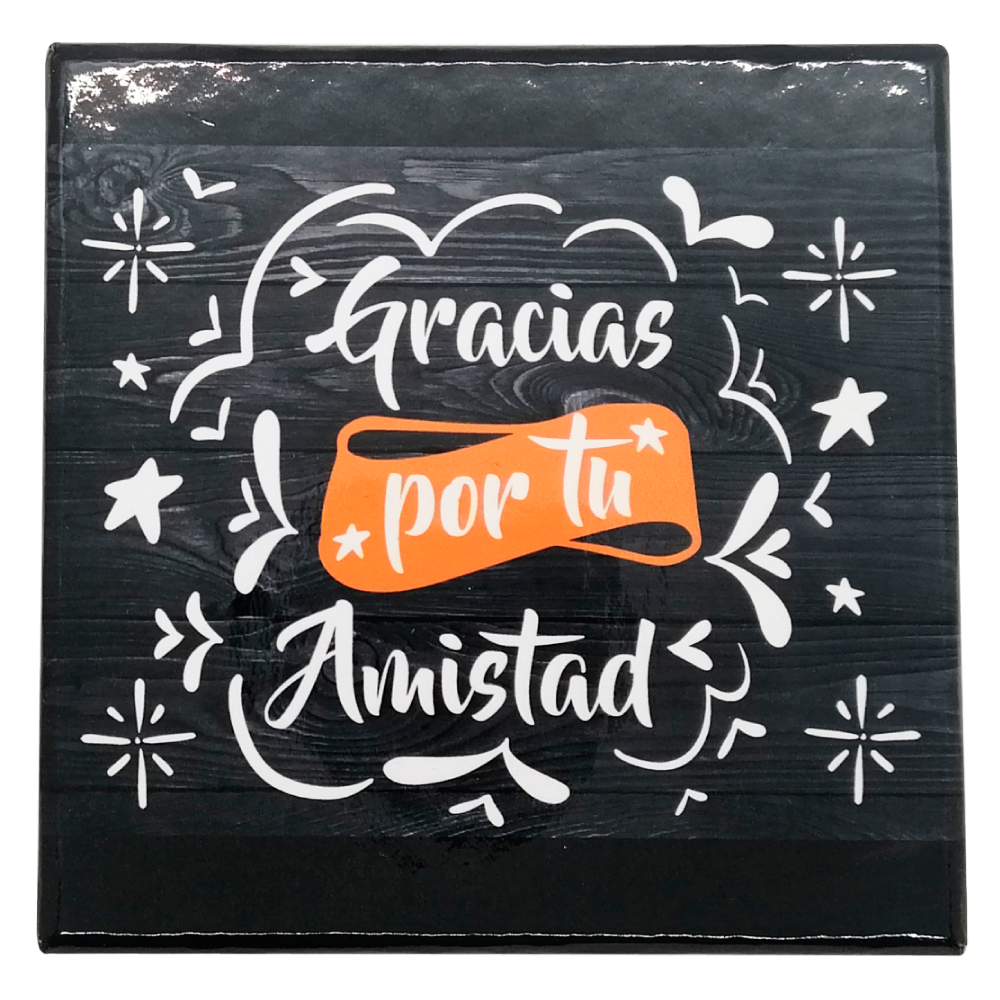 Caja Rígida 25 Chocolates, Puebla diseño: "Gracias por tu Amistad (Madera Negra)"