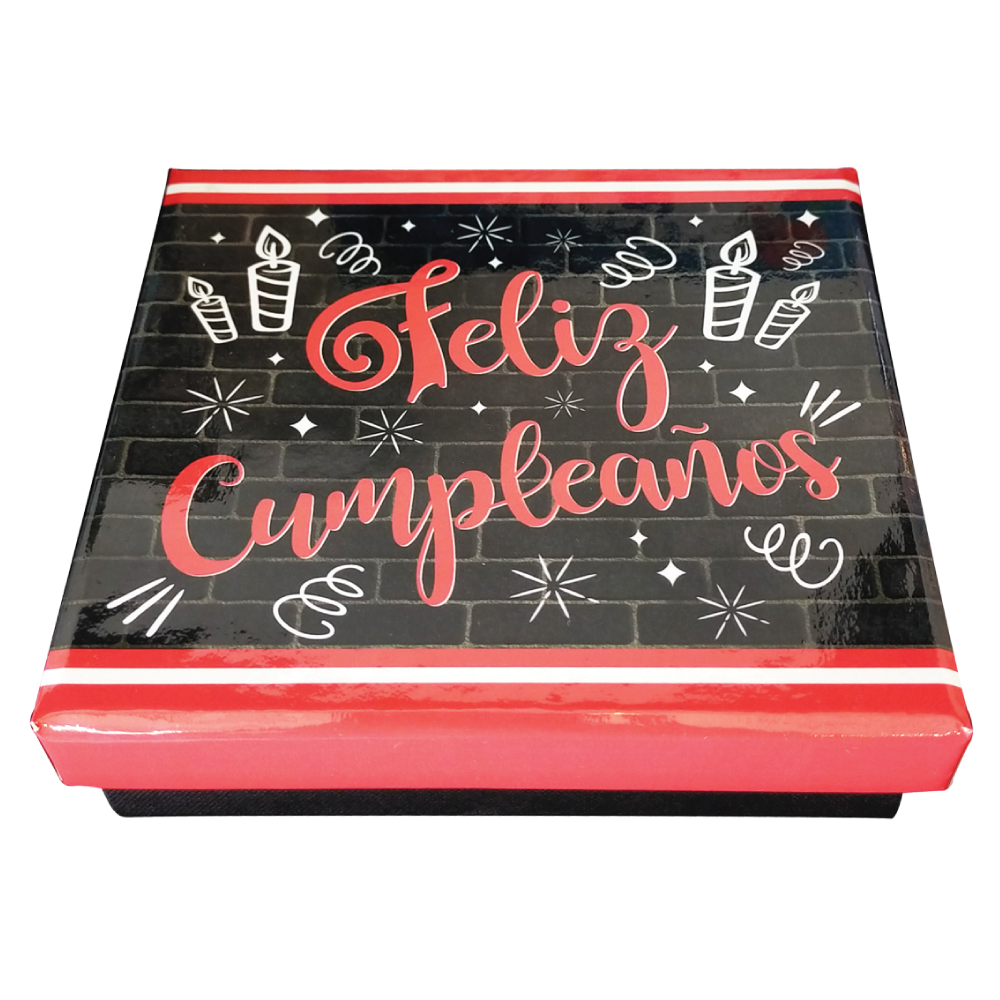 Caja Rígida 25 Chocolates, Puebla diseño: "Feliz Cumpleaños" (Letras Rojas)