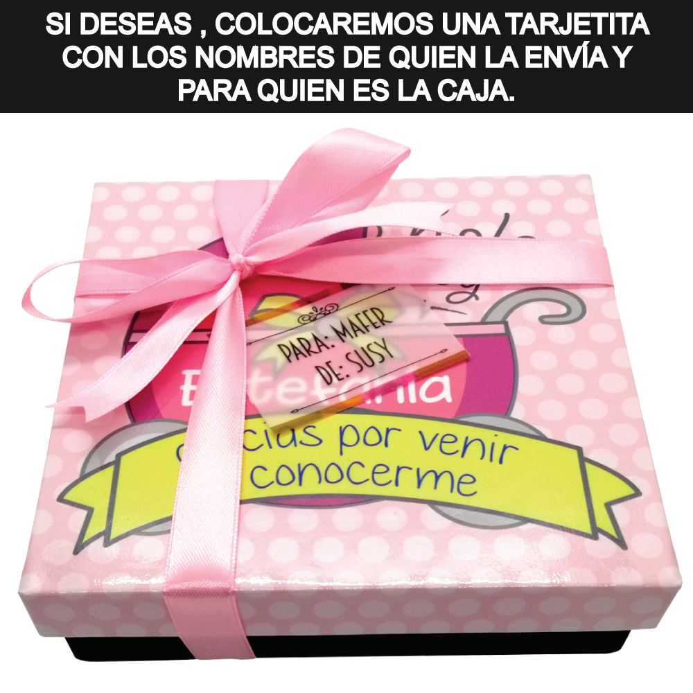 Caja Rígida con 25 Chocolates "Gracias por Venir a Conocerme". Diseño: Carriolita Rosa