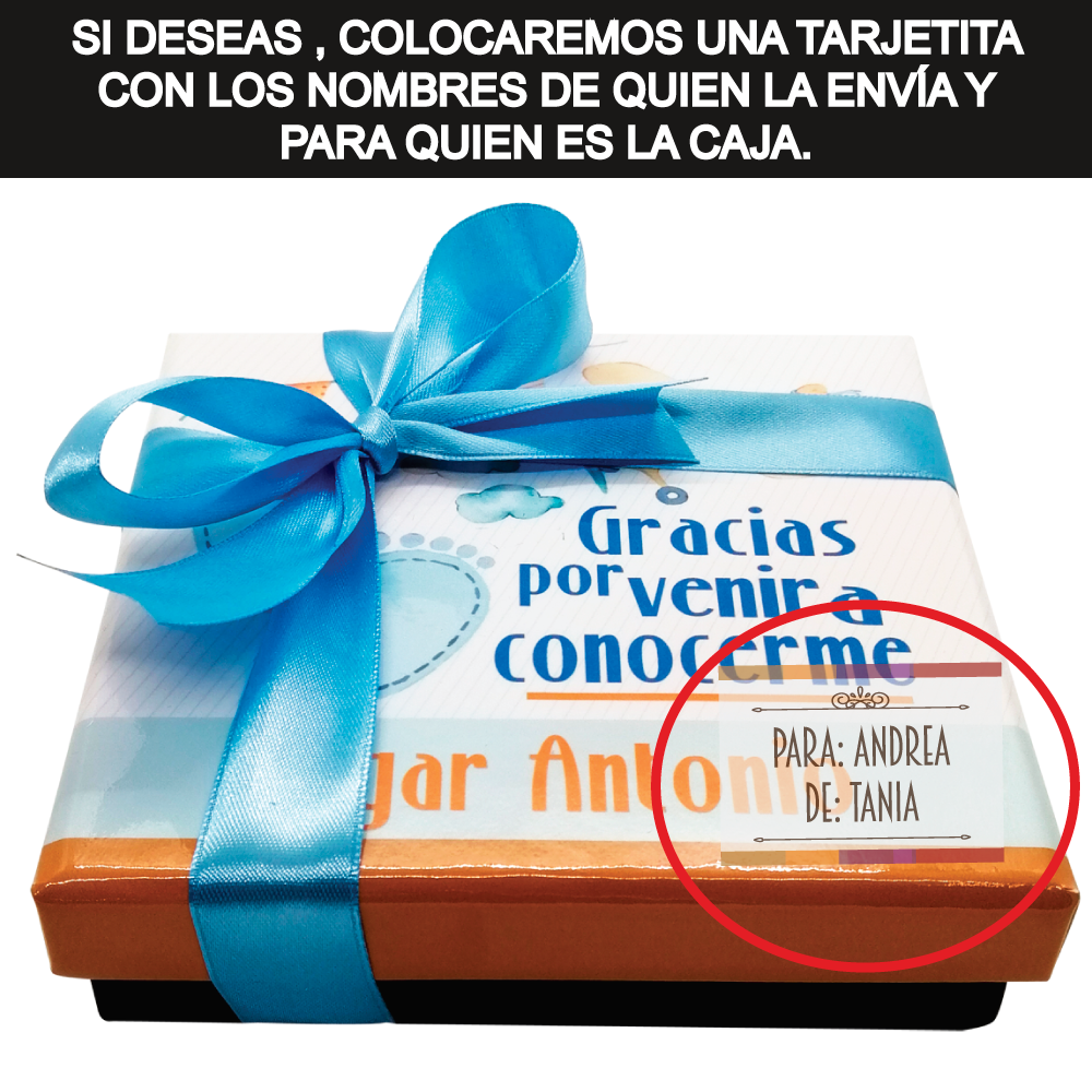 Caja Rígida con 27 Chocolates "Gracias por Venir a Conocerme". Diseño: Piecitos Azules