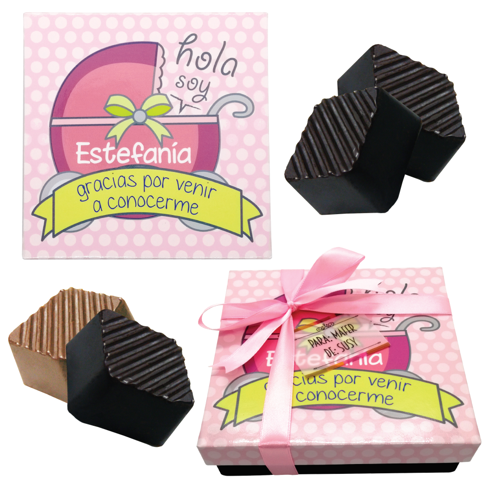 Caja Rígida con 25 Chocolates "Gracias por Venir a Conocerme". Diseño: Carriolita Rosa