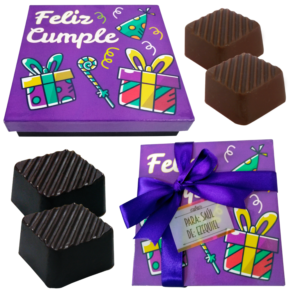 Caja Rígida 25 Chocolates, Puebla diseño: "Feliz Cumple"