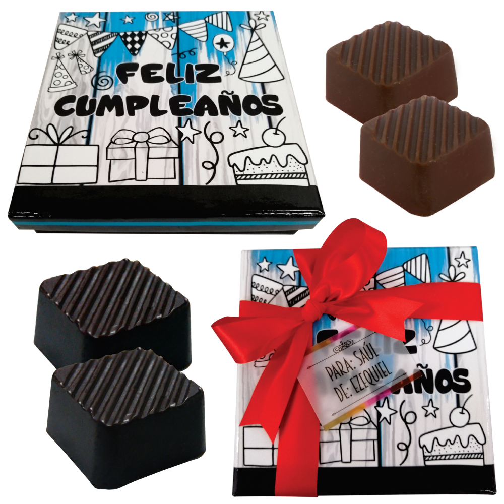 Caja Rígida 25 Chocolates, Puebla diseño: "Feliz Cumpleaños"