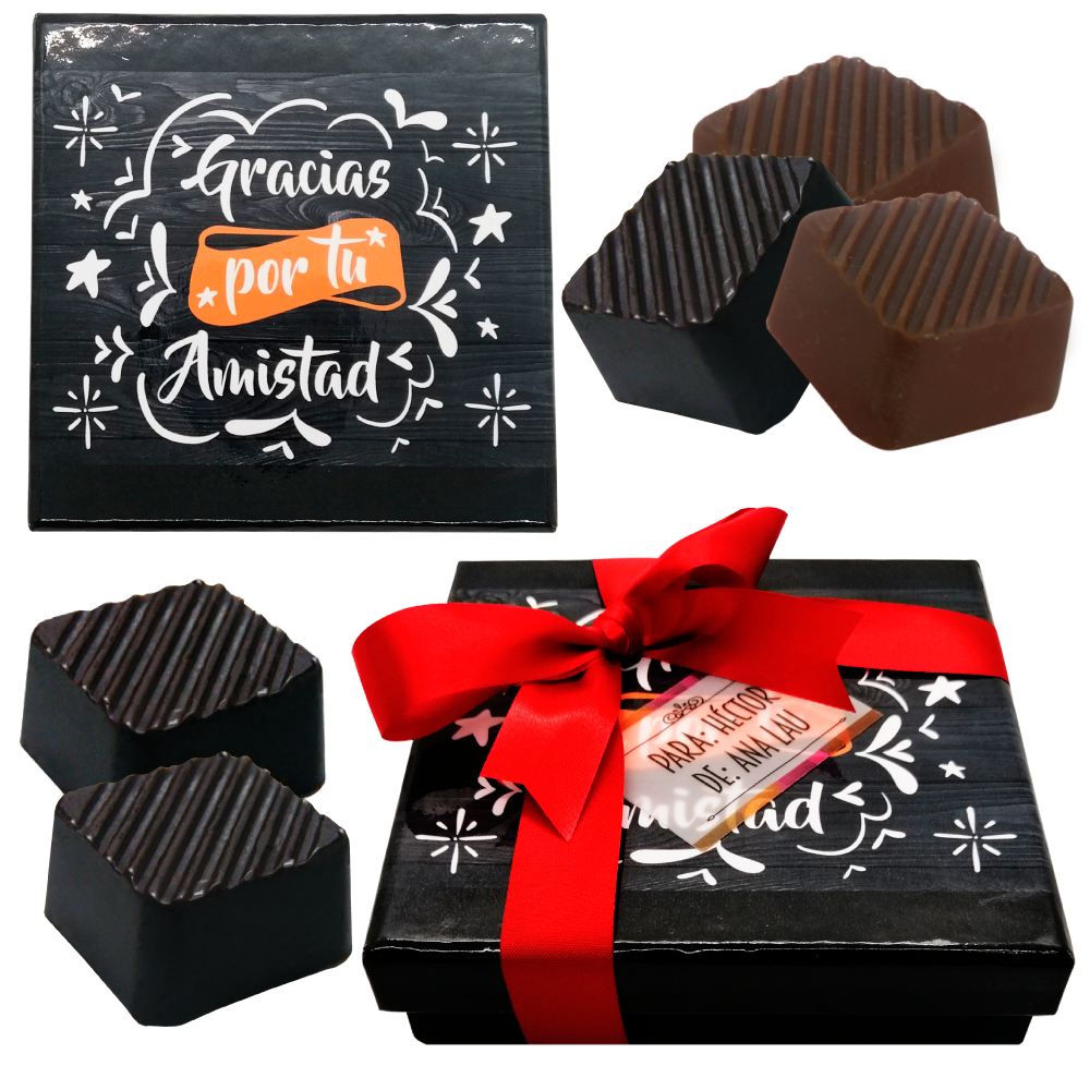 Caja Rígida 25 Chocolates, Puebla diseño: "Gracias por tu Amistad (Madera Negra)"