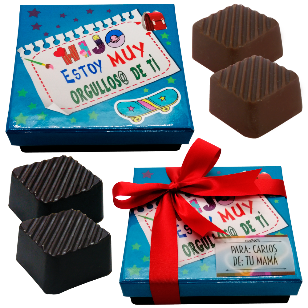 Caja Rígida 25 Chocolates, Puebla diseño: "Hijo estoy muy orgullos@ de ti"