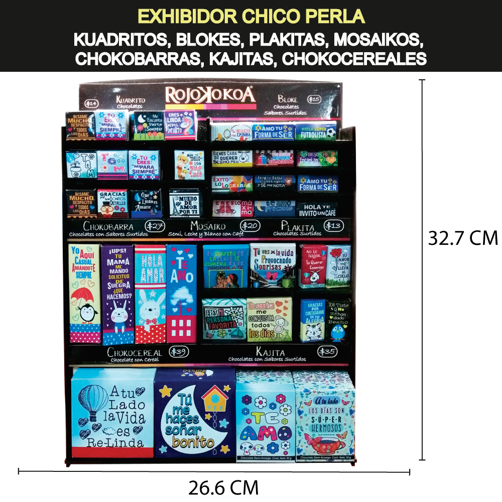 Exhibidor Chico Perla para: 48 Kuadritos, 36 Blokes, 28 Plakitas, 28 Mosaikos, 16 Chokobarras, 12 Kajitas, 12 Chokocereales.