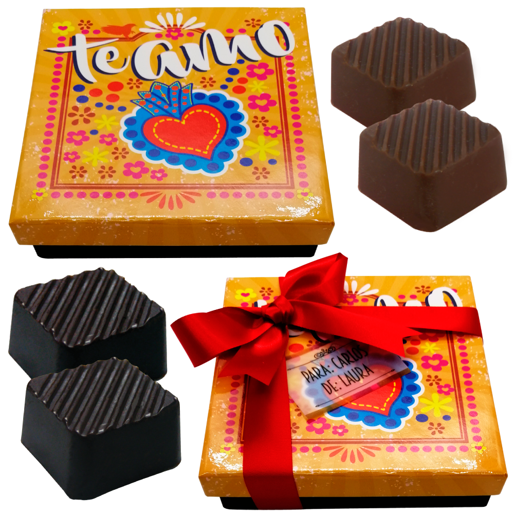 Caja Rígida 25 Chocolates, Puebla diseño: "Te Amo (Corazón)"