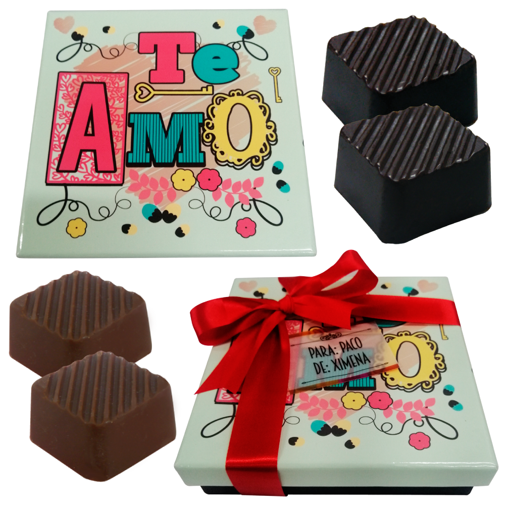 Caja Rígida 25 Chocolates, Puebla diseño: "Te Amo (Vintage)"