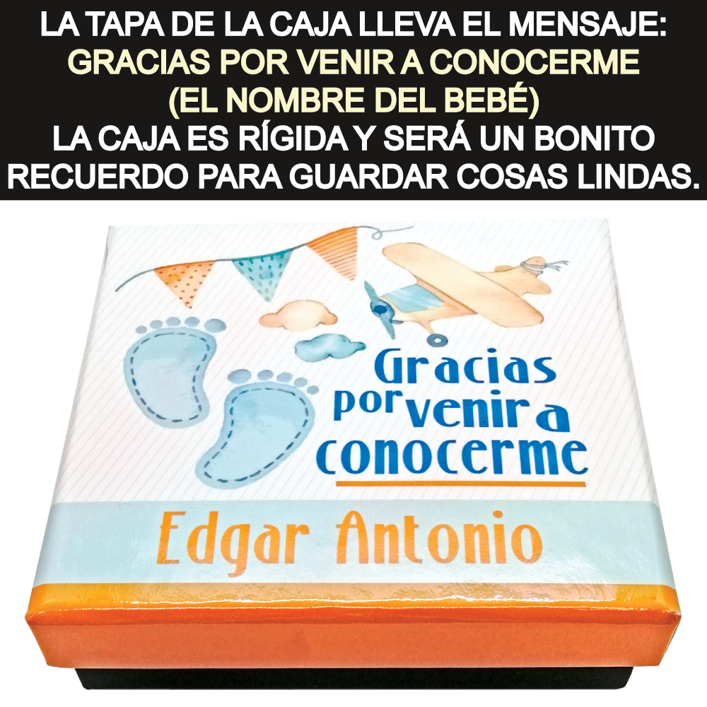 Caja Rígida con 27 Chocolates "Gracias por Venir a Conocerme". Diseño: Piecitos Azules