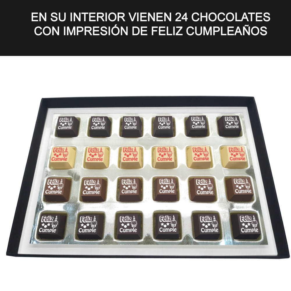 Caja Rígida Londres 24 Chocolates diseño: "Te Deseo el Mejor de los Cumpleaños" (Sólo la enviamos a la CdMx)