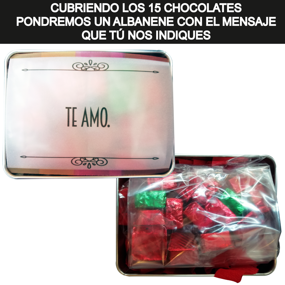 Caja Metálica 15 Chocolates, Rekko, diseño: "Te Amo Amor"