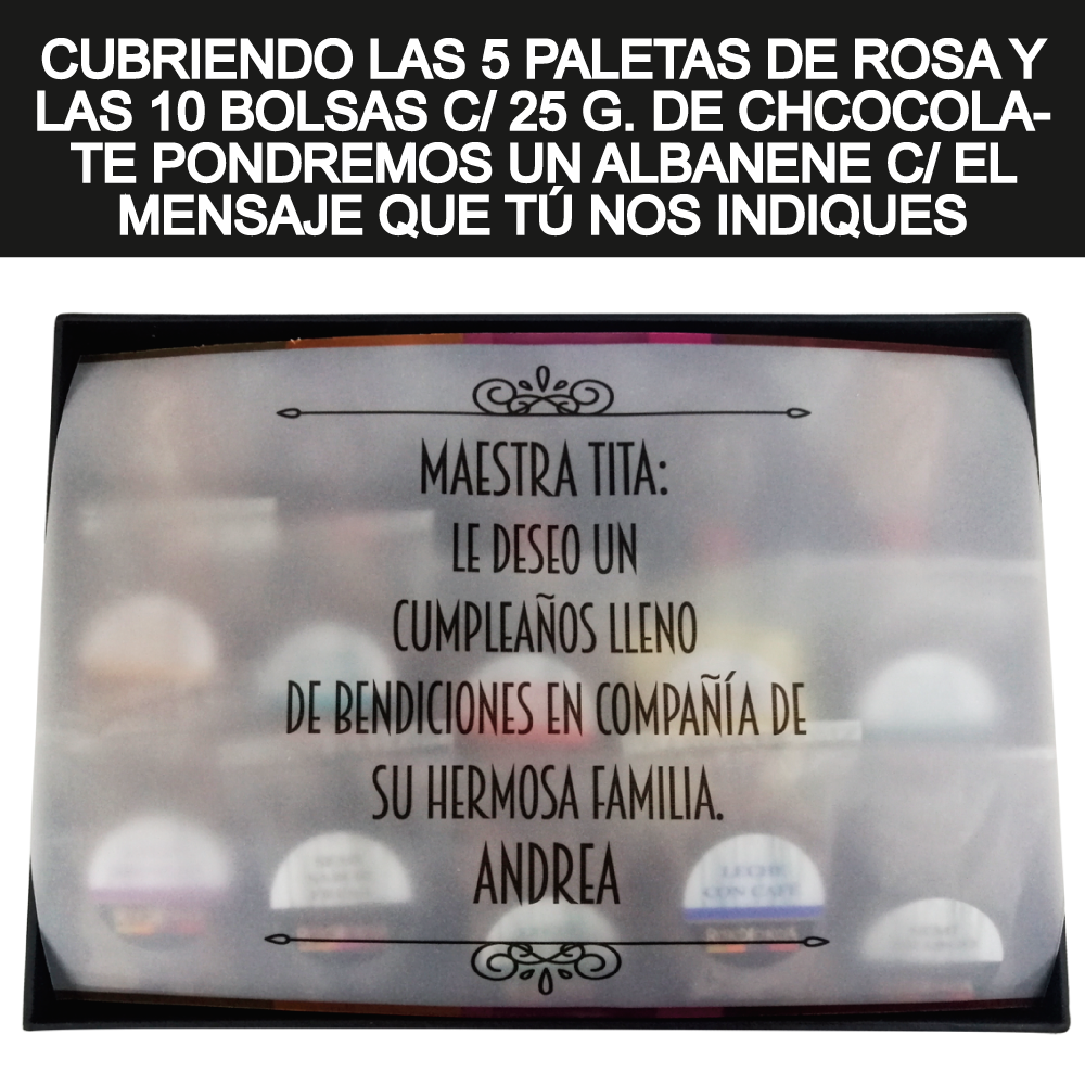 Caja Rígida 5 Rosas, 10 bolsas 25 g. Londres diseño: "Feliz Cumpleaños" (Sólo la enviamos a la CdMx)