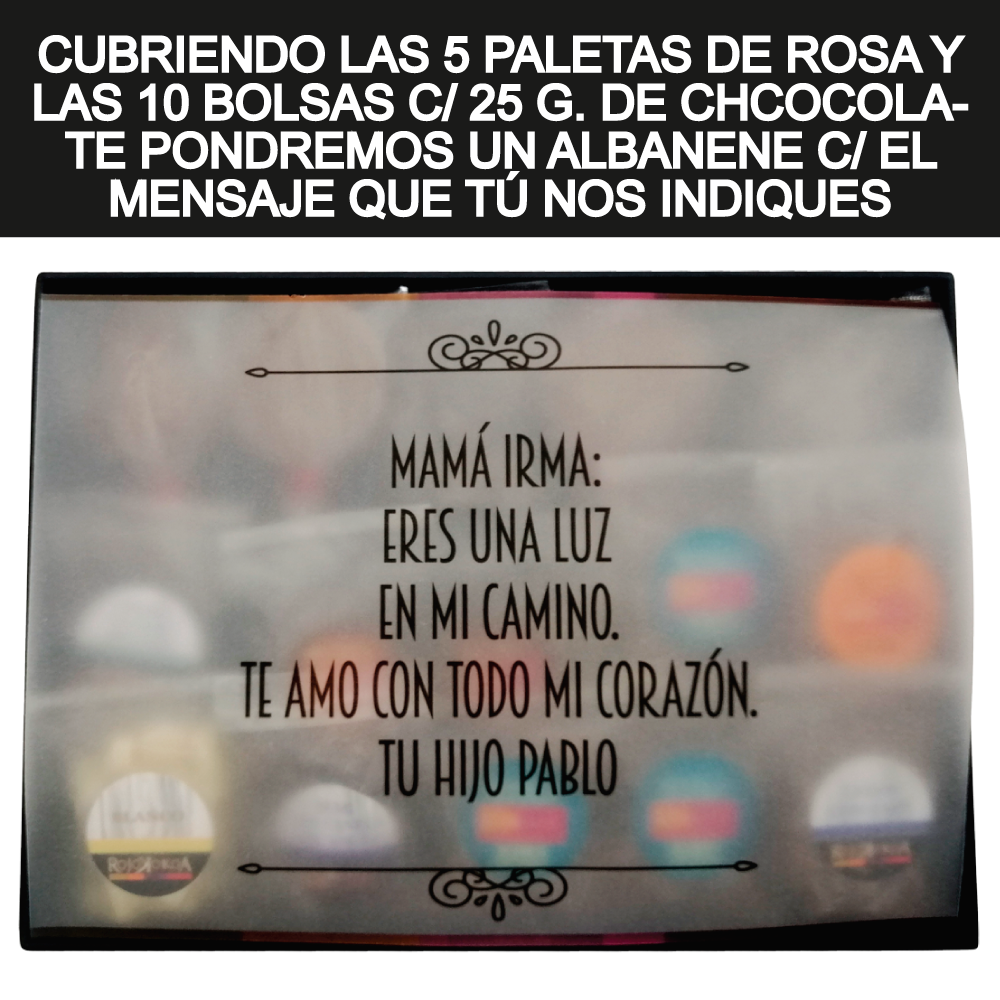 Caja Rígida 5 Rosas, 10 bolsas 25 g. Londres diseño: "Te Amo Mamá (Rosas Rojas)" (Sólo la enviamos a la CdMx)
