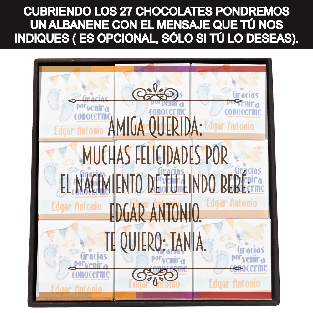 Caja Rígida con 27 Chocolates "Gracias por Venir a Conocerme". Diseño: Piecitos Azules