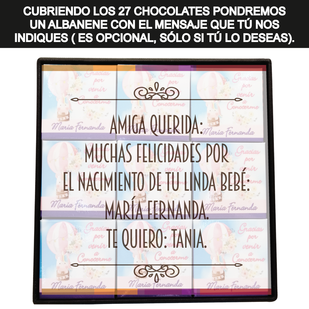Caja Rígida con 27 Chocolates "Gracias por Venir a Conocerme". Diseño: Unicornio en Globo