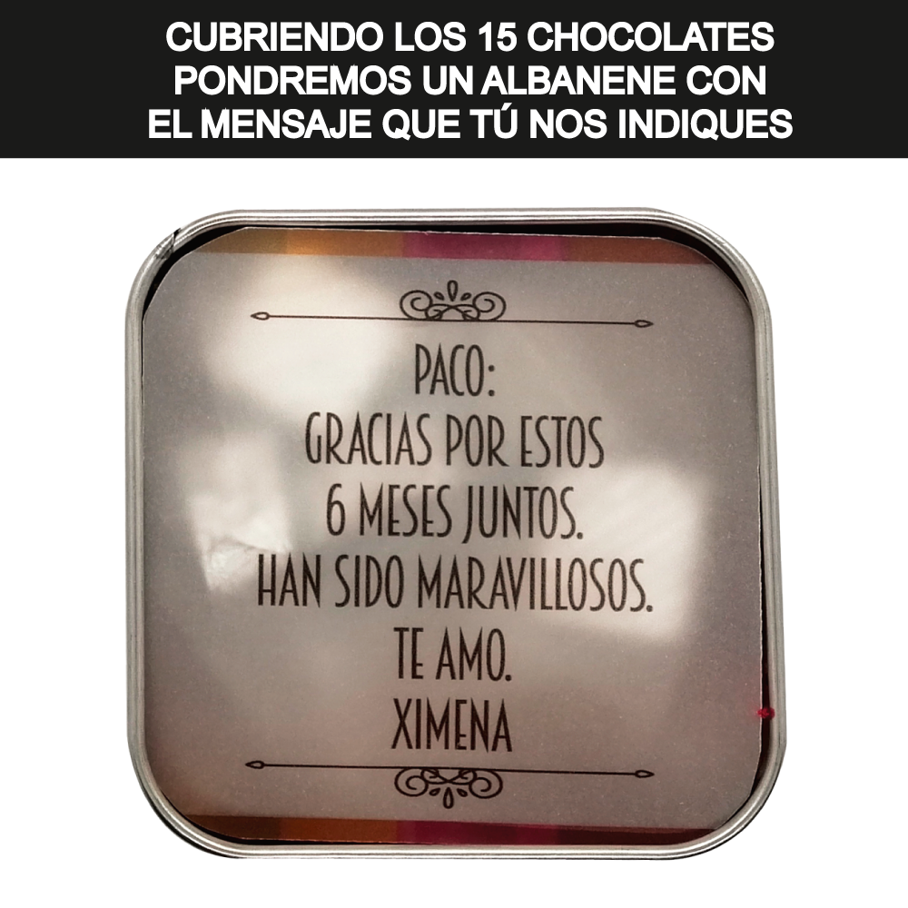 Caja Metálica 15 Chocolates, Rokko, diseño: "Te Quiero Mucho"