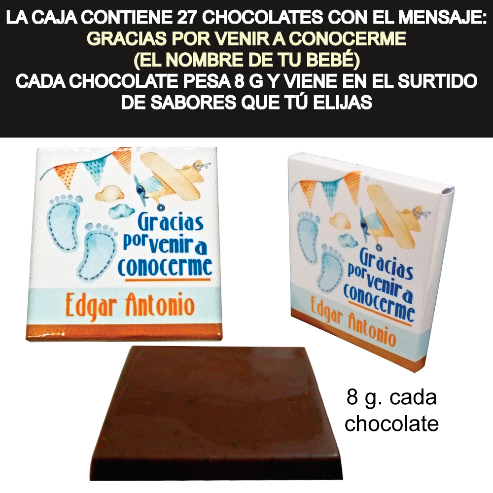 Caja Rígida con 27 Chocolates "Gracias por Venir a Conocerme". Diseño: Piecitos Azules
