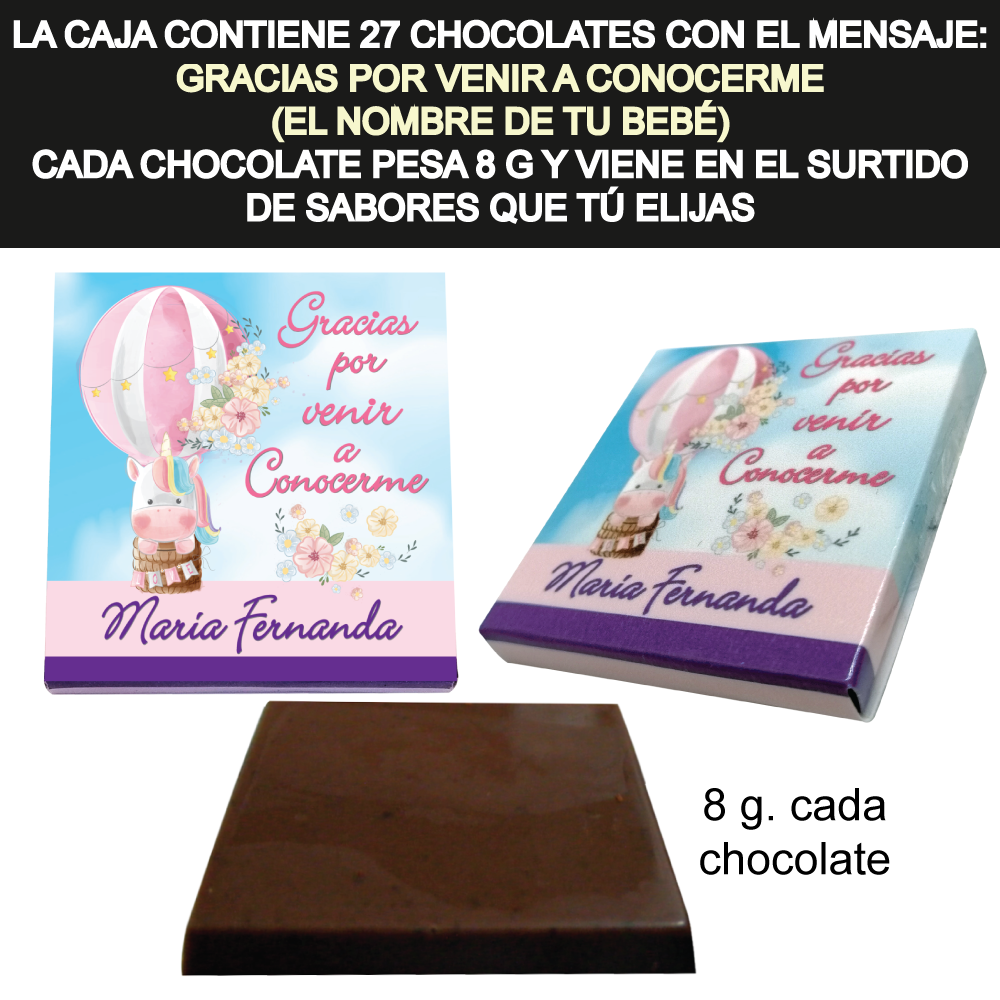 Caja Rígida con 27 Chocolates "Gracias por Venir a Conocerme". Diseño: Unicornio en Globo