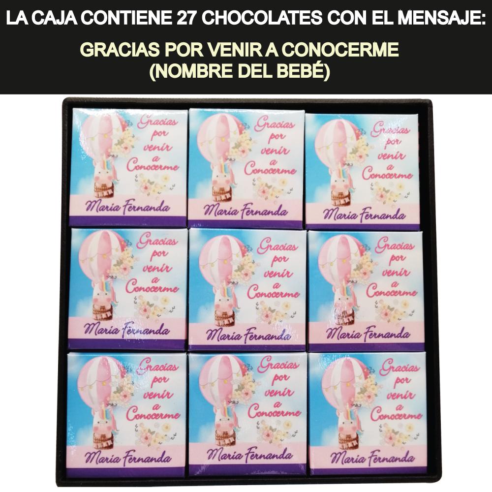 Caja Rígida con 27 Chocolates "Gracias por Venir a Conocerme". Diseño: Unicornio en Globo