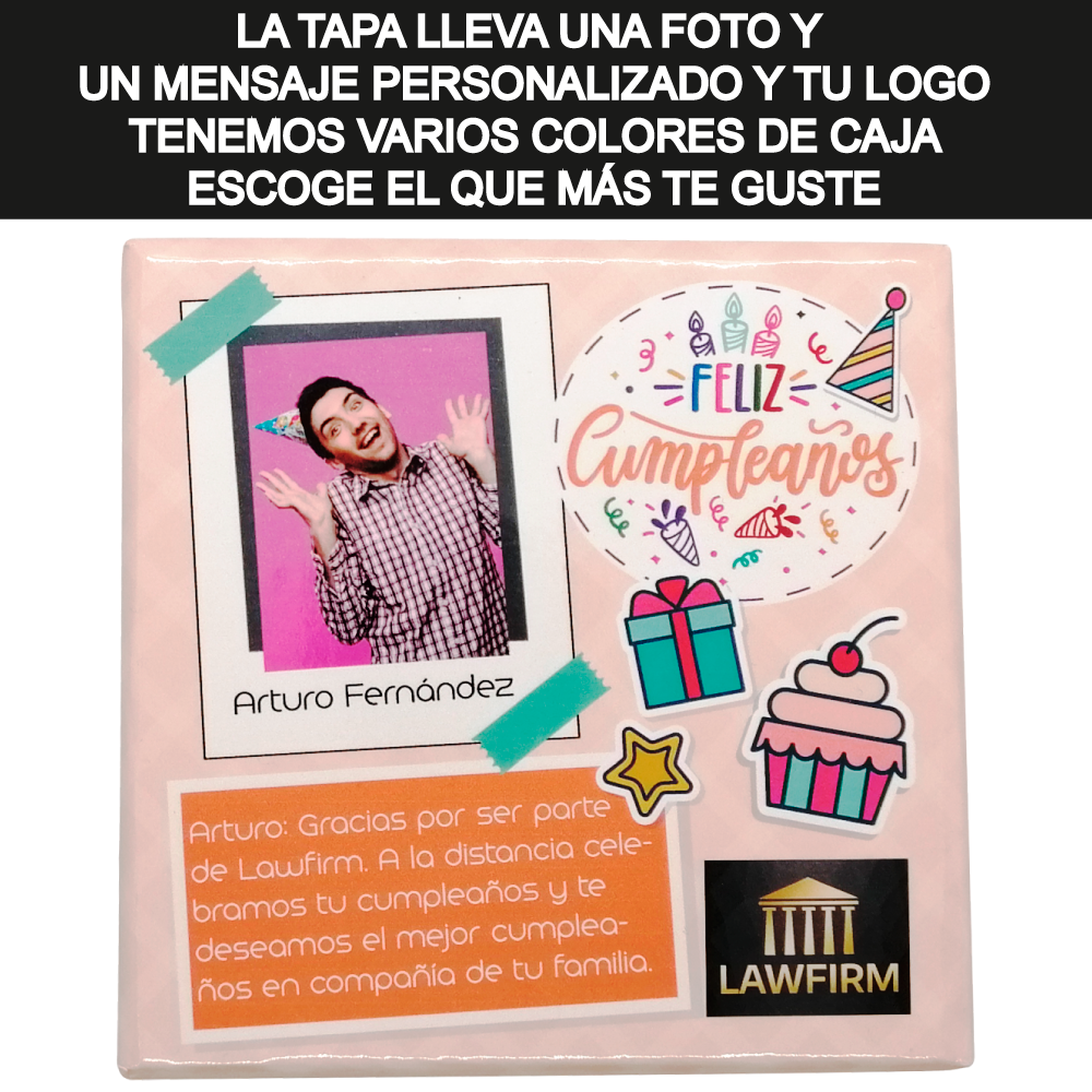 Caja Rígida 25 Chocolates, Puebla-Foto diseño: "Feliz Cumple Logo" (tenemos diferentes colores)