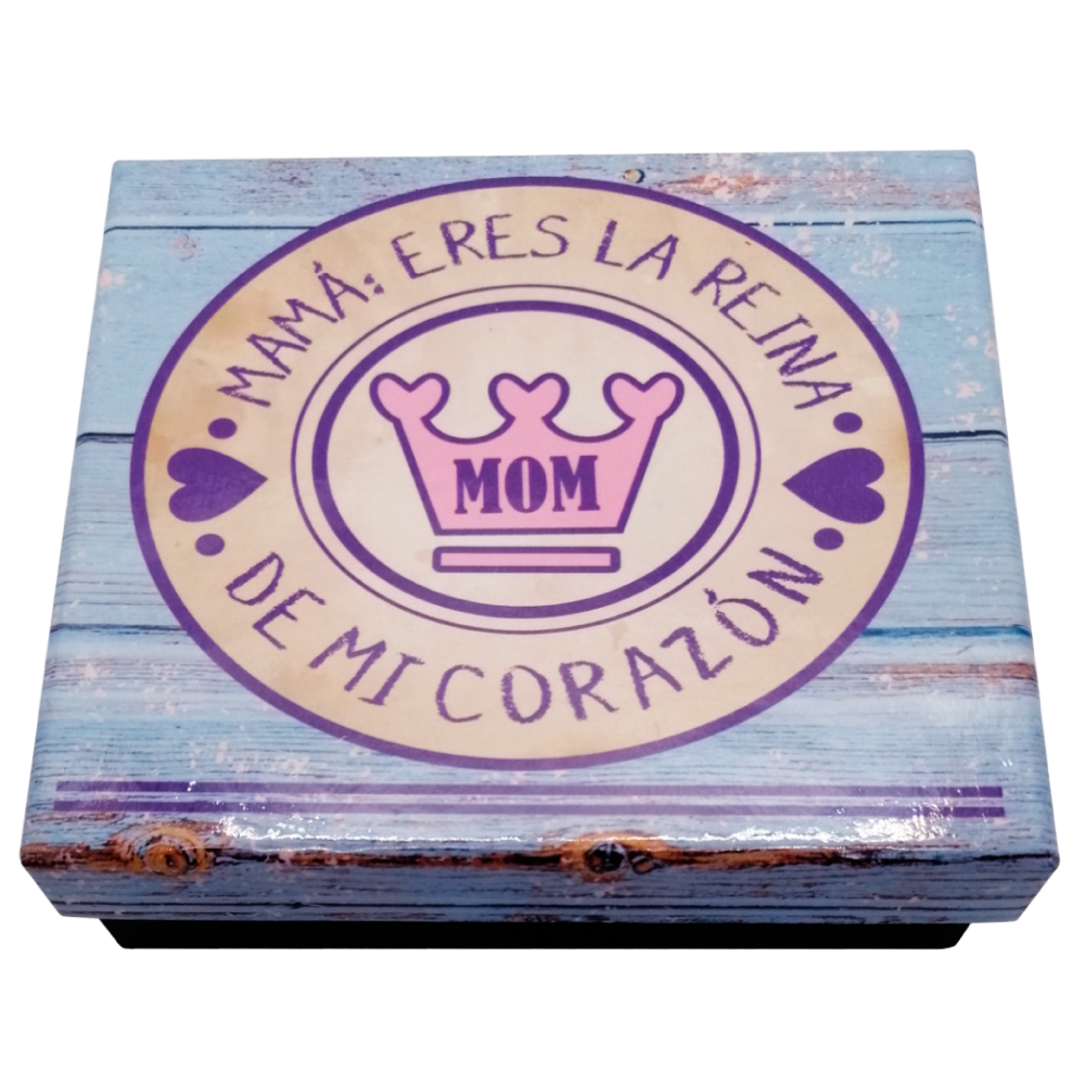 Caja Rígida 25 Chocolates, Puebla diseño: "Mamá: eres la reina de mi corazón-Azul"