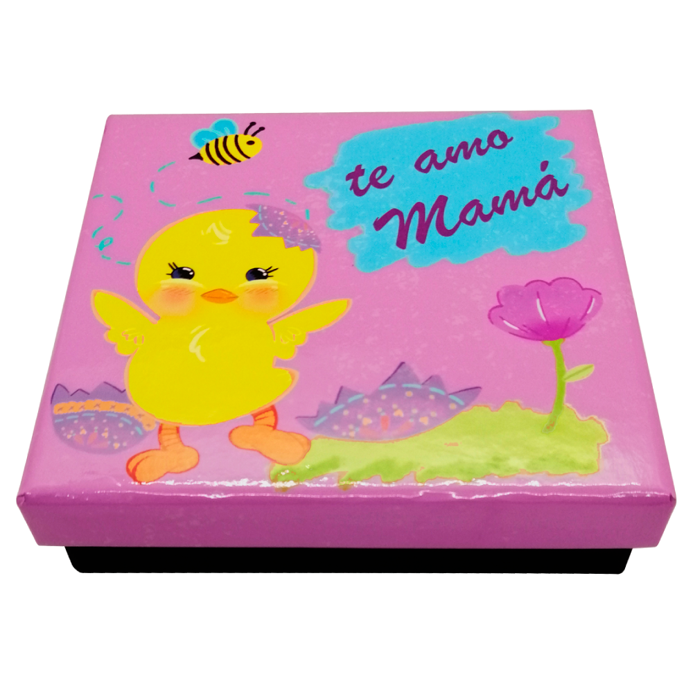 Caja Rígida 25 Chocolates, Puebla diseño: "Te Amo Mamá (Pollito)"