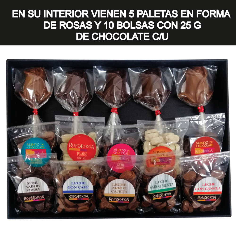 Caja Rígida 5 Rosas, 10 bolsas 25 g. Londres diseño: "Feliz Cumpleaños" (Sólo la enviamos a la CdMx)