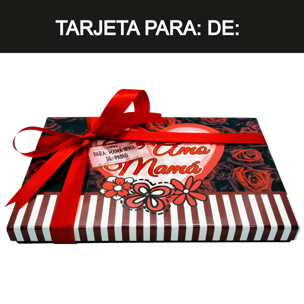 Caja Rígida 5 Rosas, 10 bolsas 25 g. Londres diseño: "Te Amo Mamá (Rosas Rojas)" (Sólo la enviamos a la CdMx)