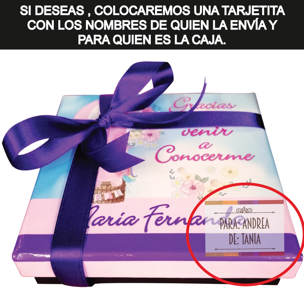 Caja Rígida con 27 Chocolates "Gracias por Venir a Conocerme". Diseño: Unicornio en Globo
