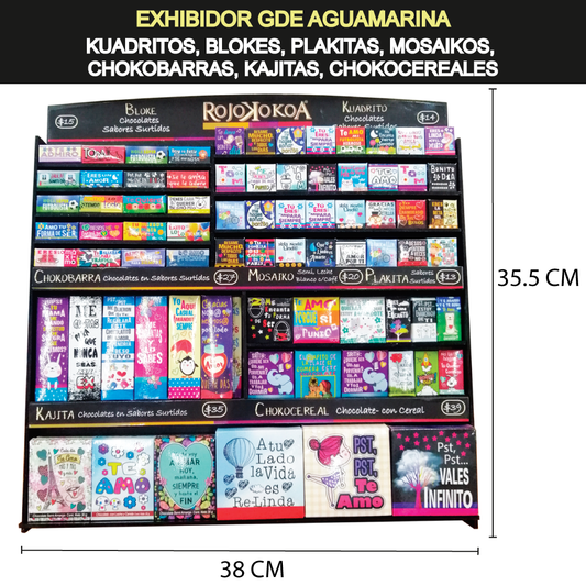 Exhibidor Gde Aguamarina para: 64 Kuadritos, 40 Blokes, 12 Plakitas, 12 Mosaikos,18 Chokobarras, 12 Kajitas, 12 Chokocereales.
