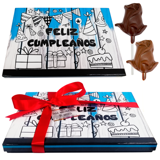 Caja Rígida 5 Rosas, 10 bolsas 25 g. Londres diseño: "Feliz Cumpleaños" (Sólo la enviamos a la CdMx)