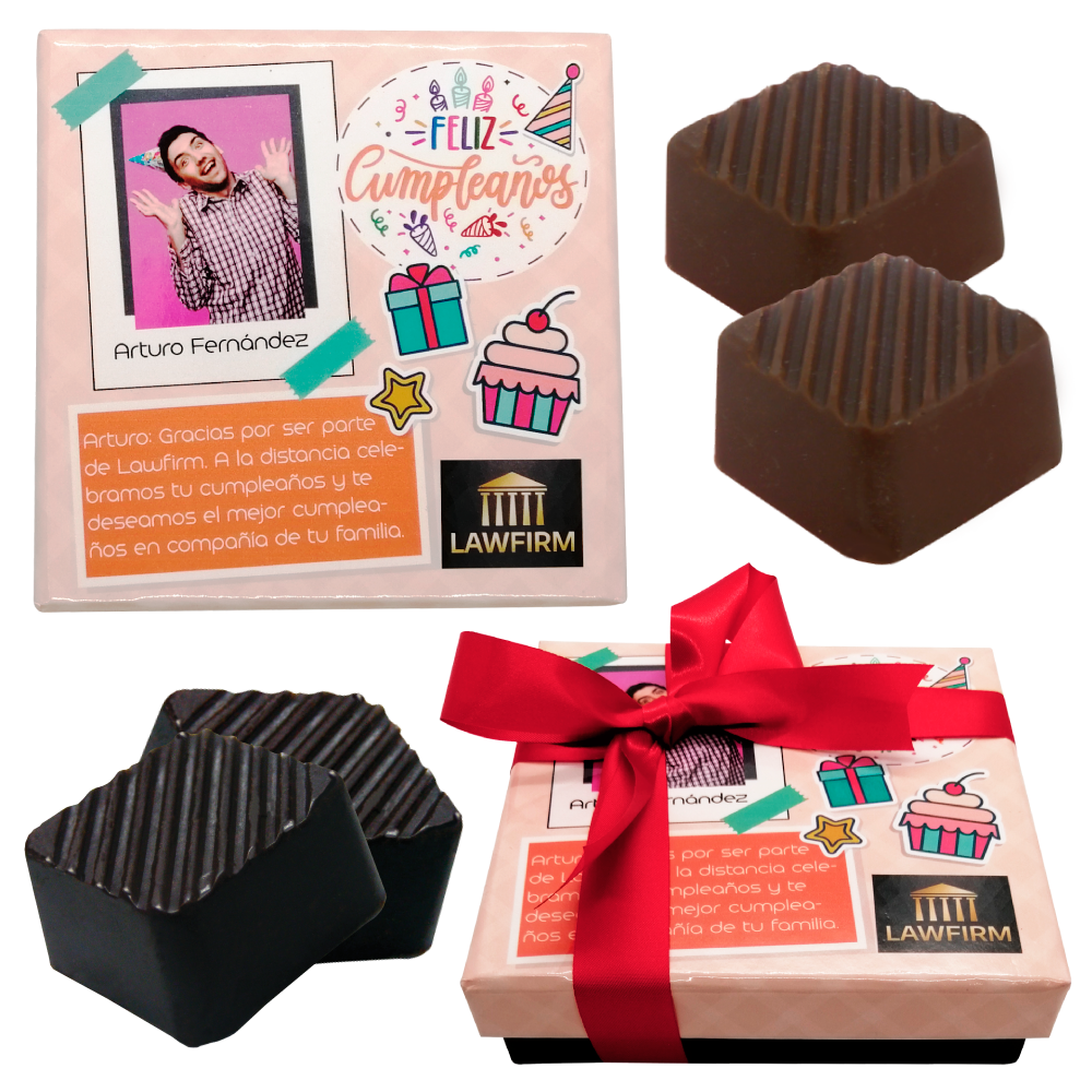 Caja Rígida 25 Chocolates, Puebla-Foto diseño: "Feliz Cumple Logo" (tenemos diferentes colores)