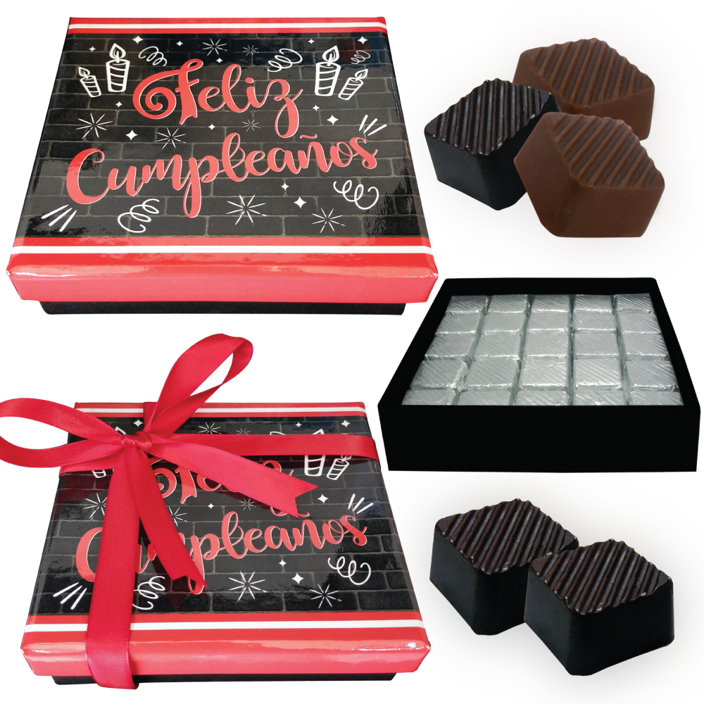 Caja Rígida 25 Chocolates, Puebla diseño: "Feliz Cumpleaños" (Letras Rojas)