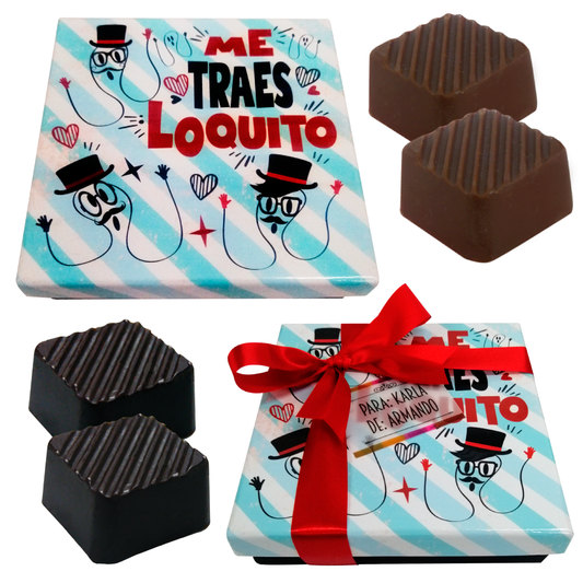 Caja Rígida 25 Chocolates, Puebla diseño: "Me Traes Loquito"