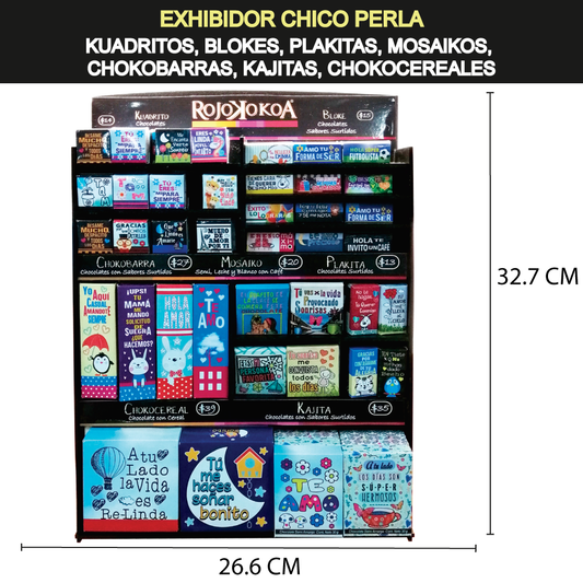 Exhibidor Chico Perla para: 48 Kuadritos, 36 Blokes, 28 Plakitas, 28 Mosaikos, 16 Chokobarras, 12 Kajitas, 12 Chokocereales.