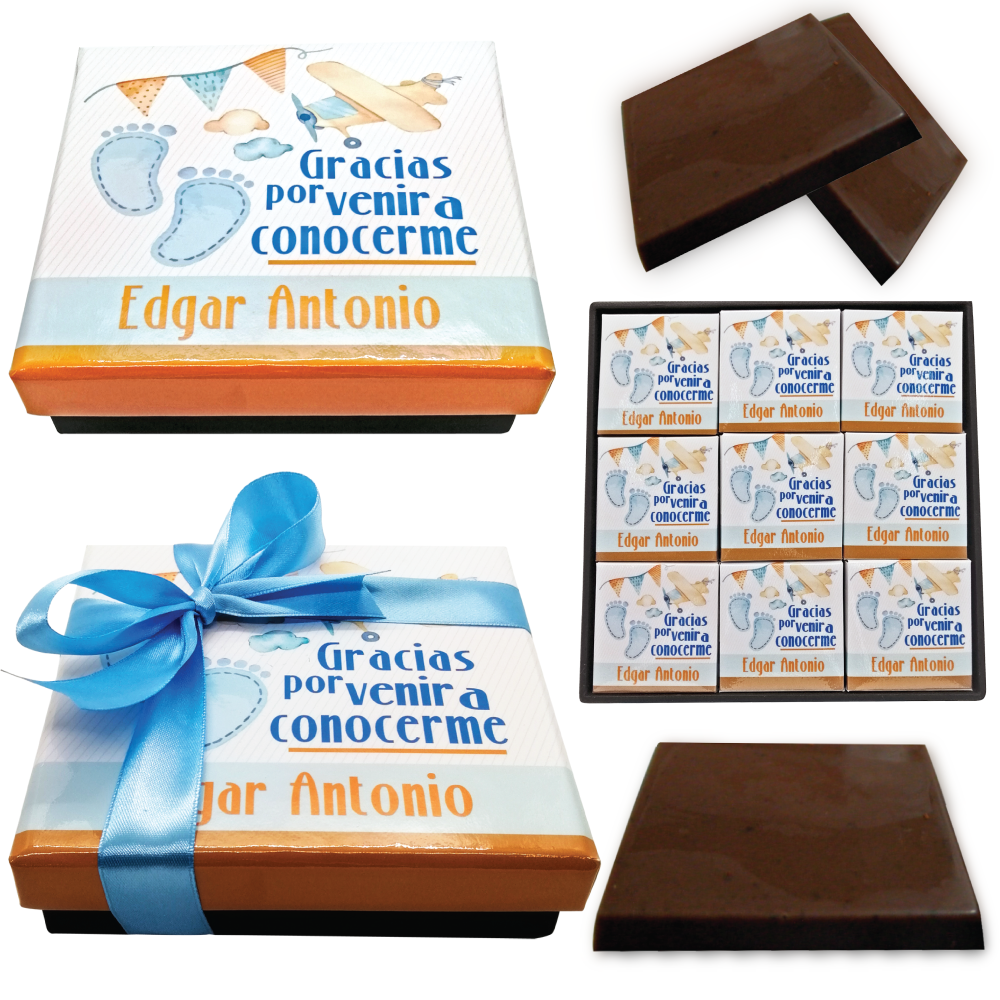 Caja Rígida con 27 Chocolates "Gracias por Venir a Conocerme". Diseño: Piecitos Azules