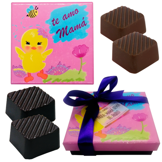 Caja Rígida 25 Chocolates, Puebla diseño: "Te Amo Mamá (Pollito)"