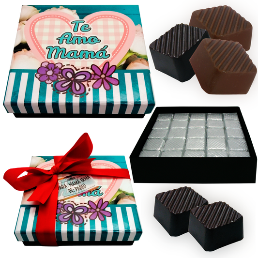 Caja Rígida 25 Chocolates, Puebla diseño: "Te Amo Mamá Rosas Blancas"