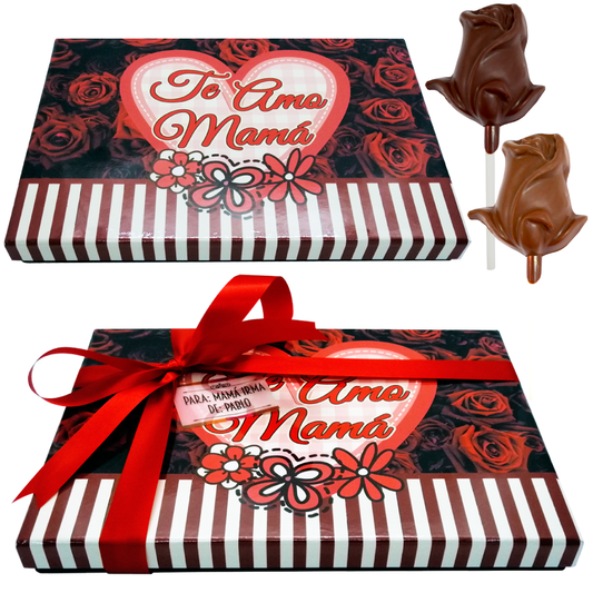 Caja Rígida 5 Rosas, 10 bolsas 25 g. Londres diseño: "Te Amo Mamá (Rosas Rojas)" (Sólo la enviamos a la CdMx)