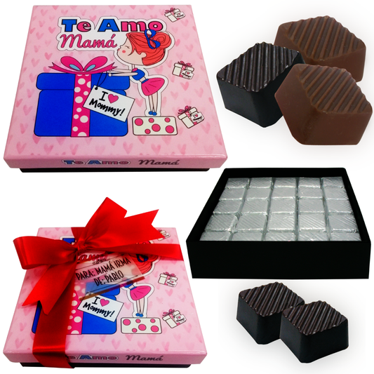 Caja Rígida 25 Chocolates, Puebla diseño: "Te Amo Mamá"